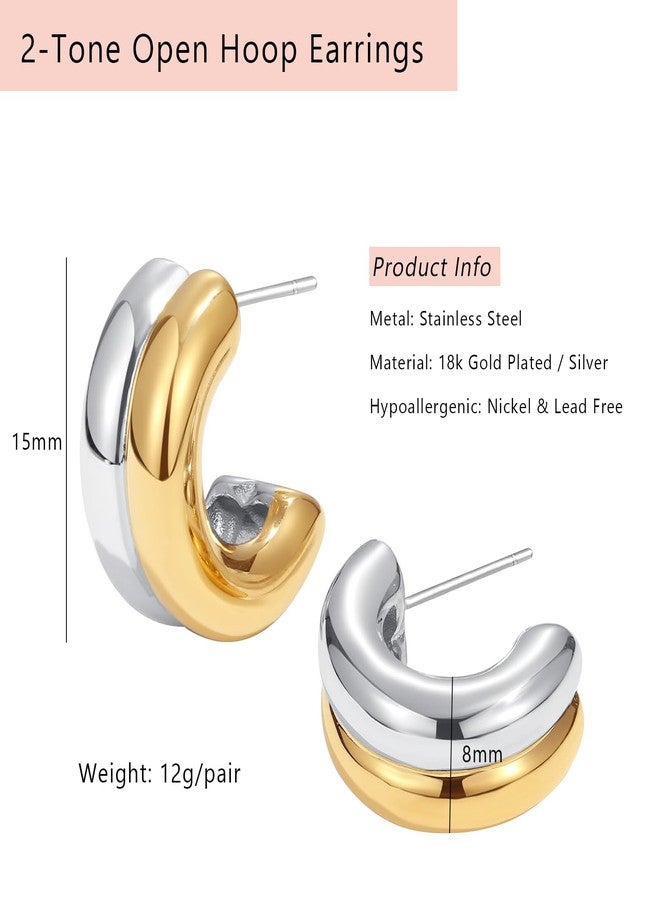 NUZON Two Tone Double Hoops Earrings for Women 18K Gold Plated Hypoallergenic Post Silver & Gold Mixed Metal Small C Open Earrings Statement Minimalist Jewelry Best Friend - Image 4